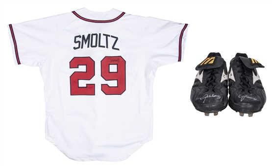 1996-Circa 2004 John Smoltz Game Used & Signed Equipment (2) Including 96 Smoltz Game Used Jersey From Cy Young Season & Pair of Mizuno Cleats (Henderson LOA, J.T. Sports & JSA)